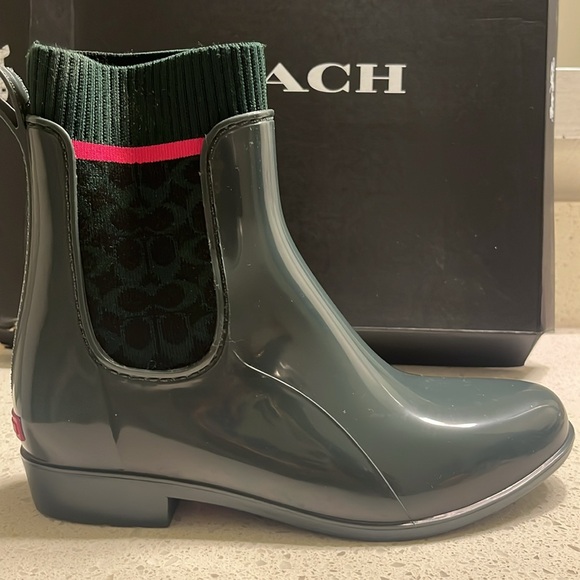 COACH RUBBER RAIN BOOTS | DARK JADE RAINBOOTIE WOMEN’S SIZE 7 - Picture 6 of 11